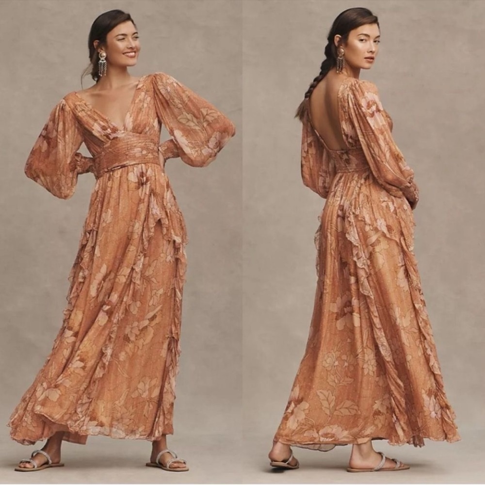 Anthropologie x BHLDN V-Neck Long-Sleeve Printed Chiffon Gown - Picture 2 of 7